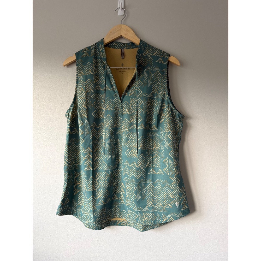 Royal Robbins Womens Teal Geometric Print Sleeveless Hiking Top Large Split Neck